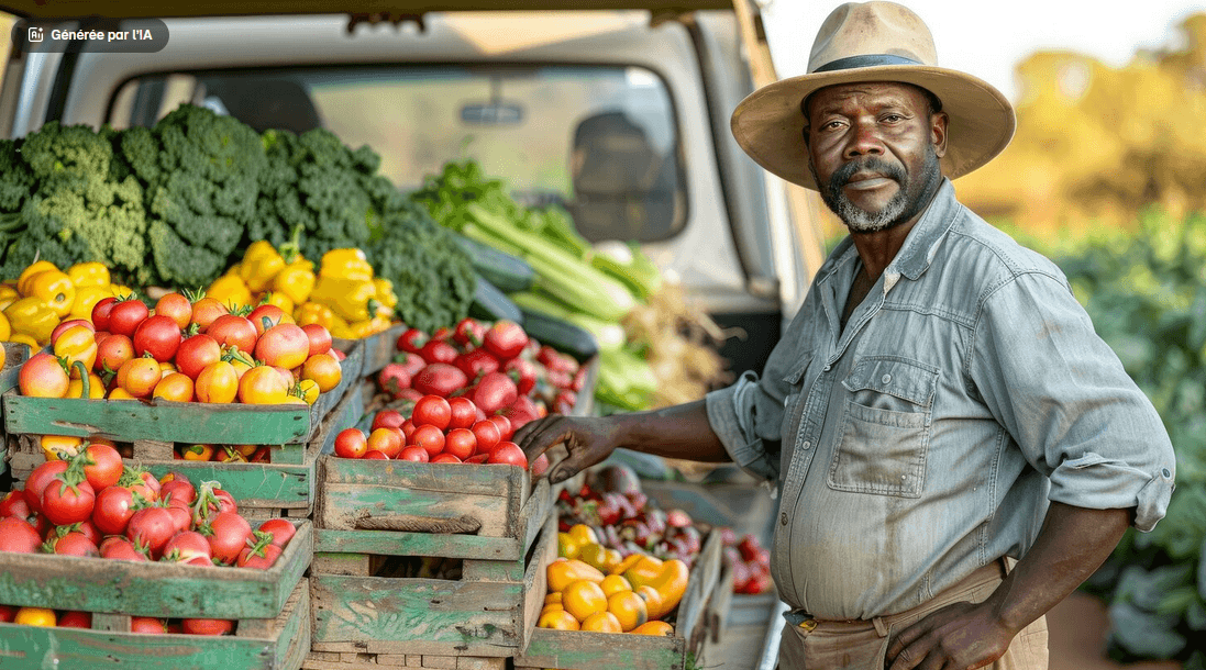Producteur et caisses de légumes frais — Dakenayop Ferme
